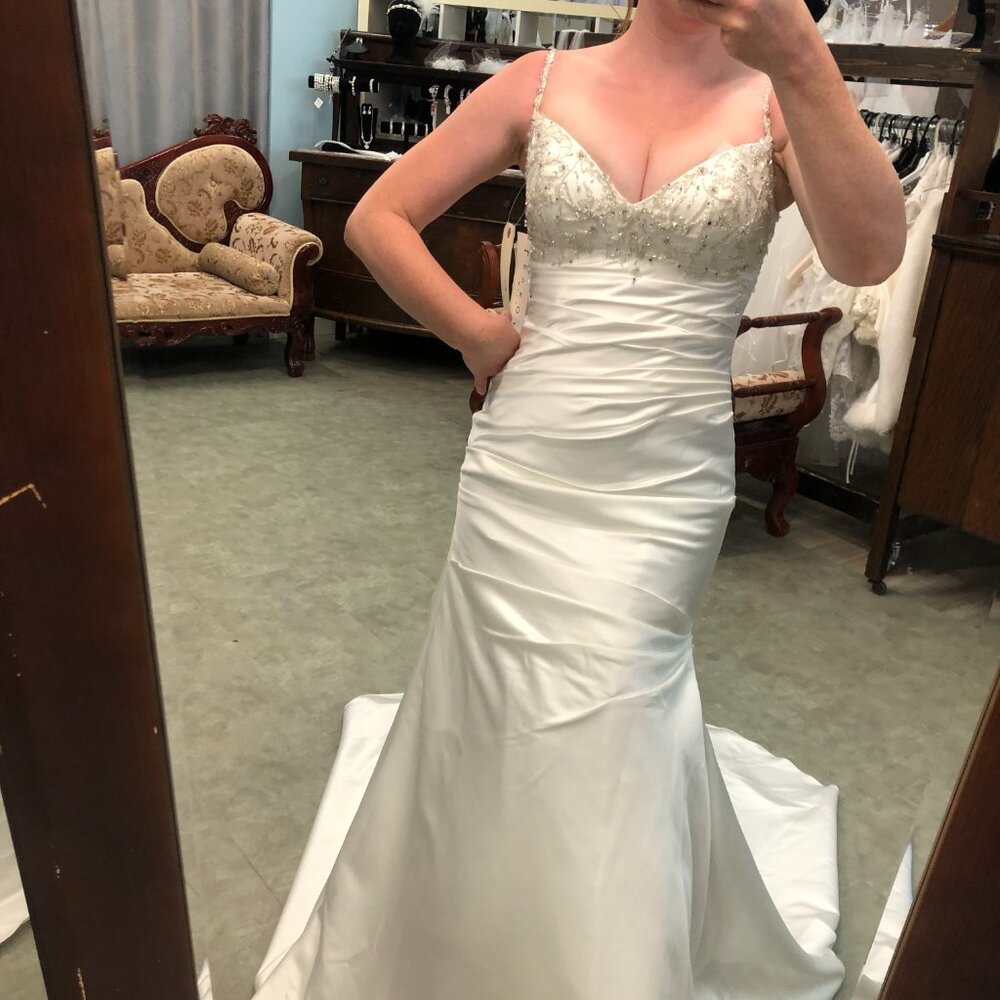 Satin Ivory Fit & Flare Wedding Dress, Flattering Shapely Ruching Classic Sexy